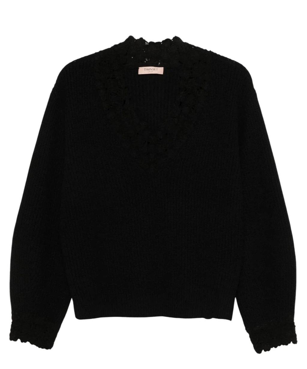Maglia in Misto Lana con Ricamo Floreale a Crochet-Twinset-Maglieria-Vittorio Citro Boutique