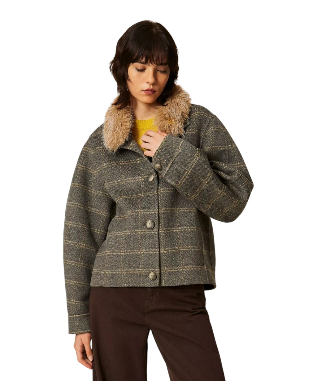 Caban Donna in Lana Check con Collo Faux Fur