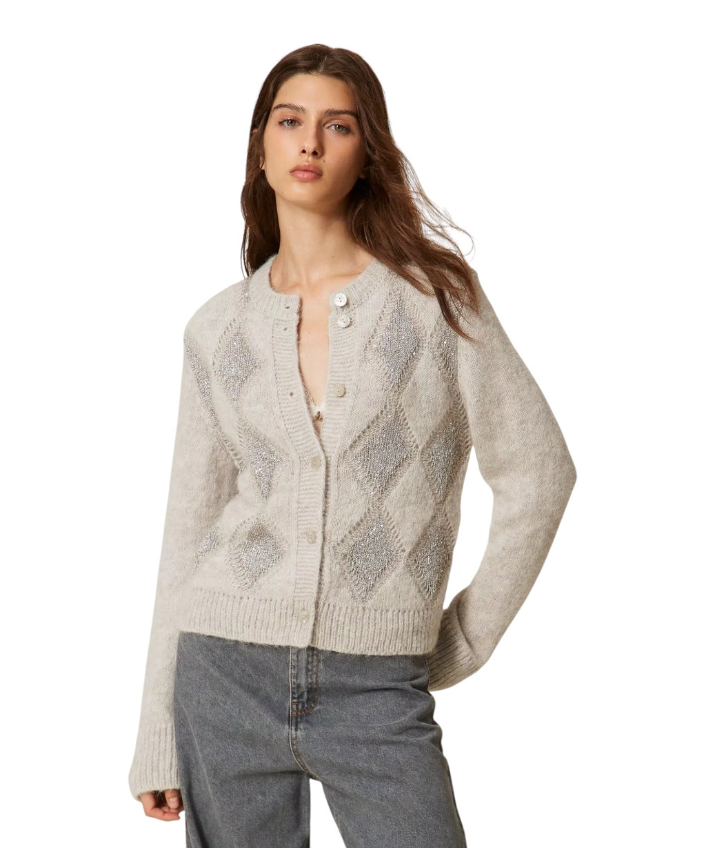 Cardigan pour femme en jacquard à losanges avec paillettes, mélange d’alpaga