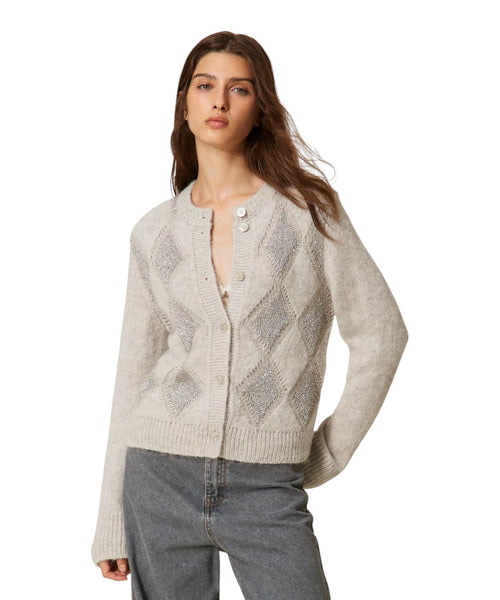 Cardigan pour femme en jacquard à losanges avec paillettes, mélange d’alpaga