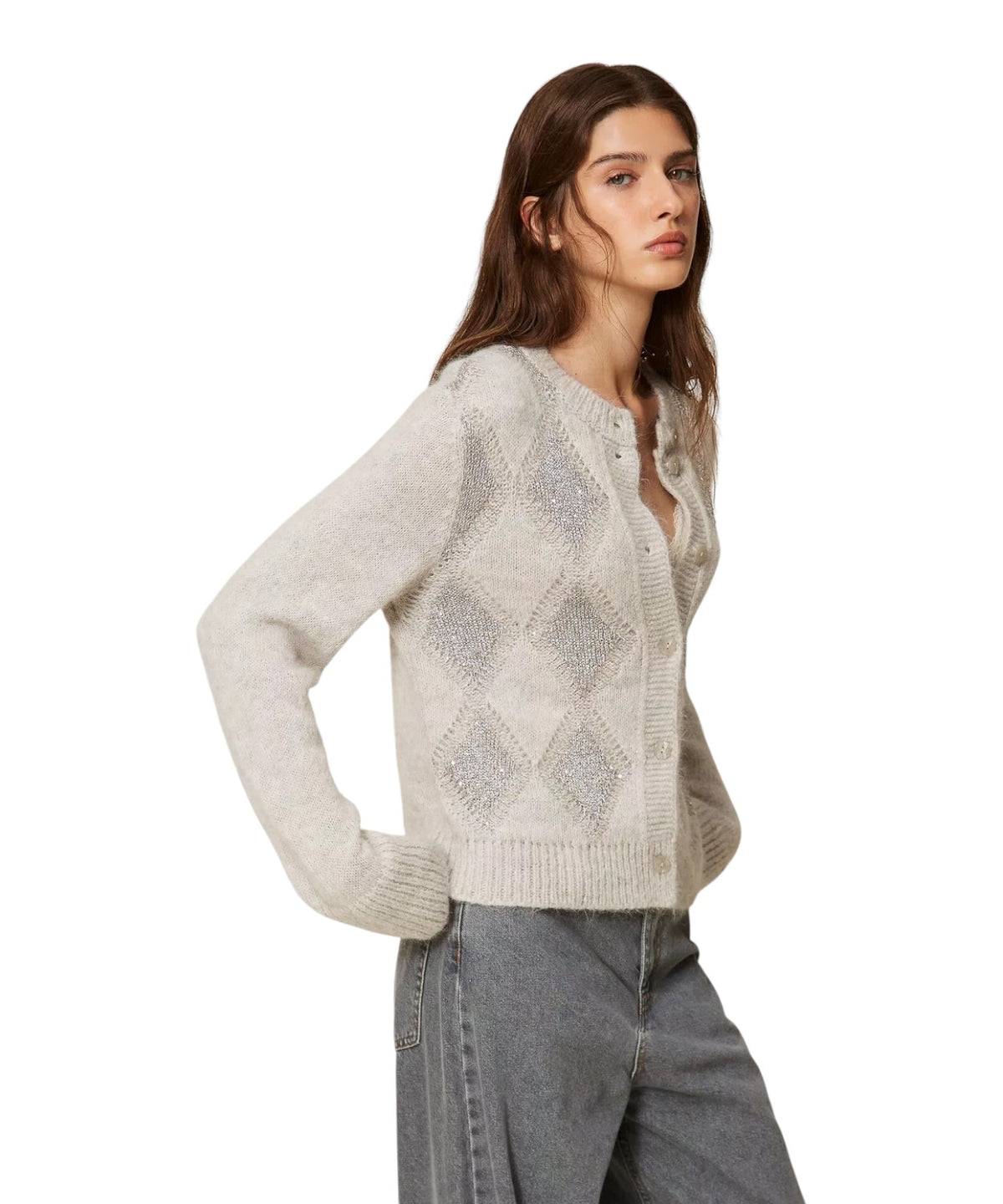 Cardigan pour femme en jacquard à losanges avec paillettes, mélange d’alpaga