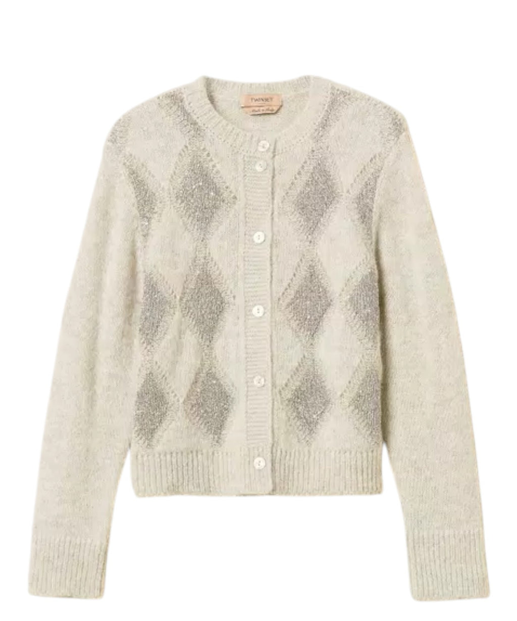 Cardigan pour femme en jacquard à losanges avec paillettes, mélange d’alpaga