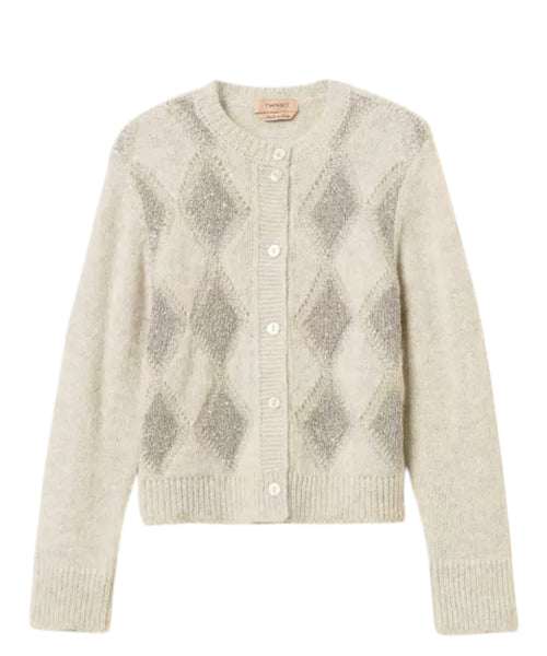 Cardigan pour femme en jacquard à losanges avec paillettes, mélange d’alpaga