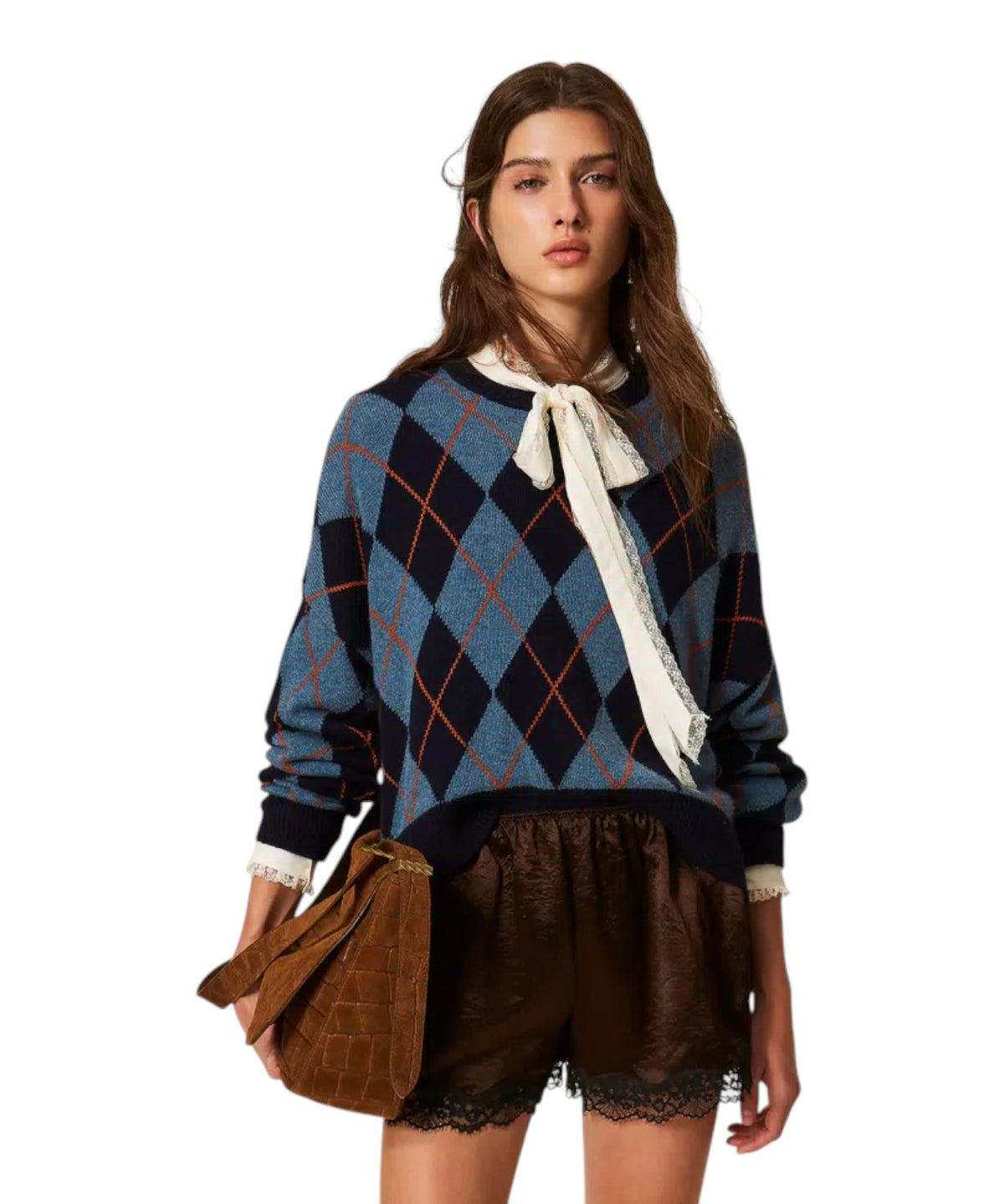 Pull femme jacquard à losanges en mélange de laine et cachemire