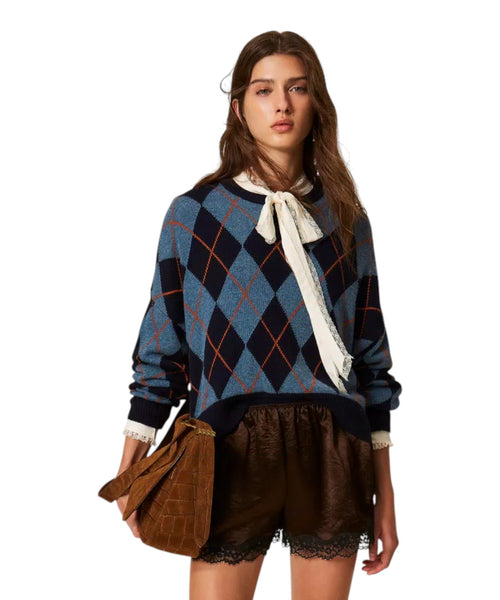 Pull femme jacquard à losanges en mélange de laine et cachemire