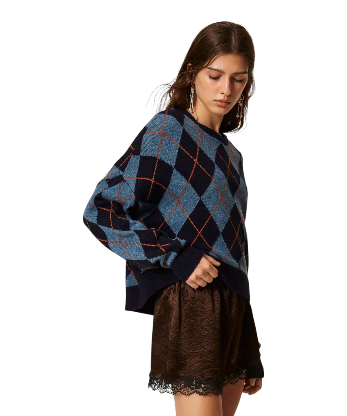 Pull femme jacquard à losanges en mélange de laine et cachemire