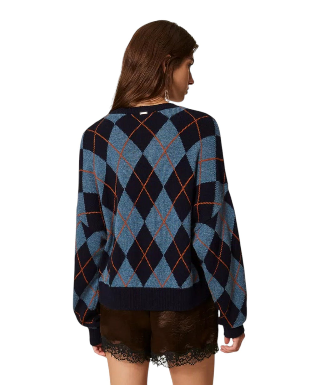 Pull femme jacquard à losanges en mélange de laine et cachemire