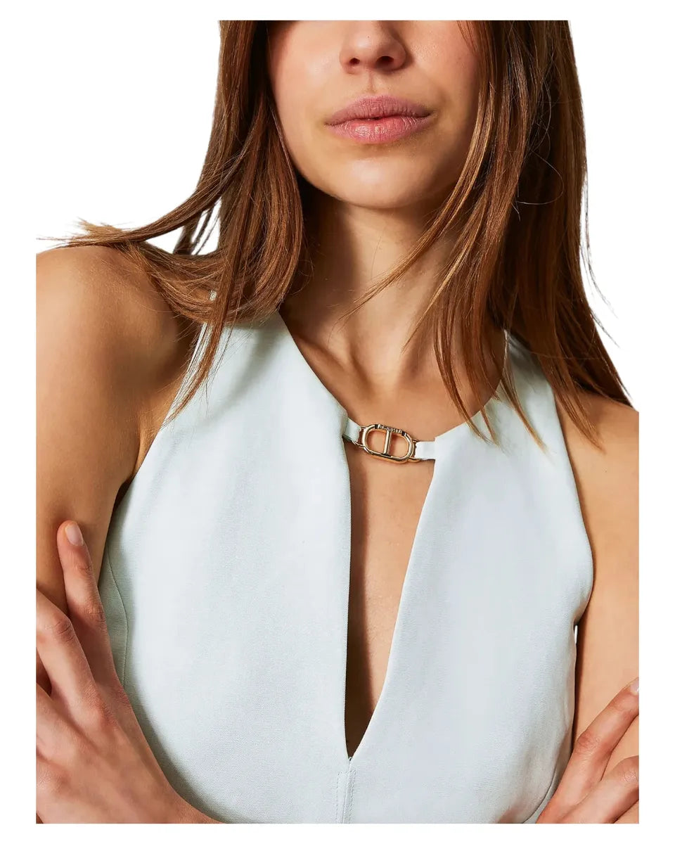 Abito corto svasato in misto lino Water Green con cinturino Oval T-Twinset-Abiti-Vittorio Citro Boutique