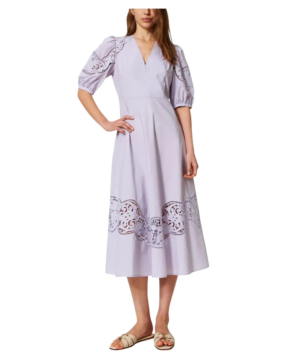 Abito lungo in popeline di cotone con ricami sangallo-Twinset-Abiti-Vittorio Citro Boutique