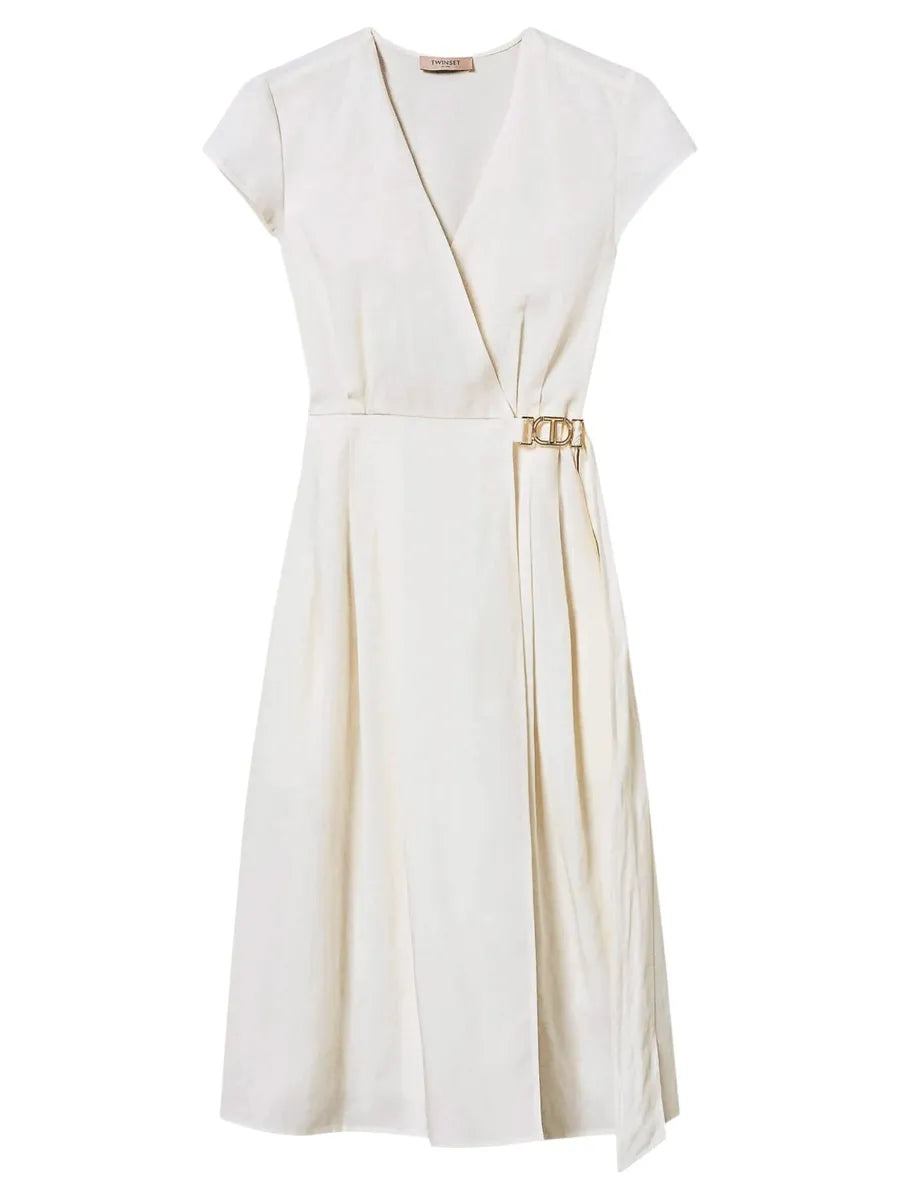 Abito longuette bianco a portafoglio in lino e lyocell con cintura Oval T-Twinset-Abiti-Vittorio Citro Boutique