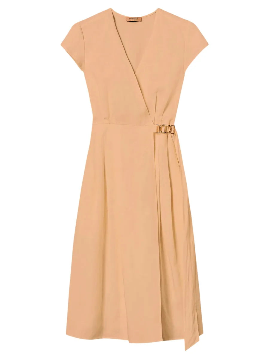 Abito longuette bianco a portafoglio in lino e lyocell con cintura Oval T-Twinset-Abiti-Vittorio Citro Boutique