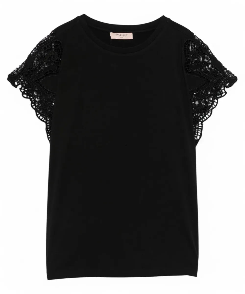 T-shirt in Cotone con Maniche in Pizzo Macramè-Twinset-T-shirt-Vittorio Citro Boutique