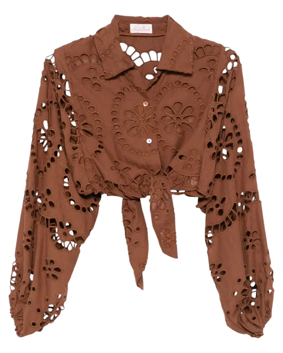 Camicia Febe in Cotone Cioccolato con Fiocco e Punto Inglese-Mc2 Saint Barth-Camicie-Vittorio Citro Boutique