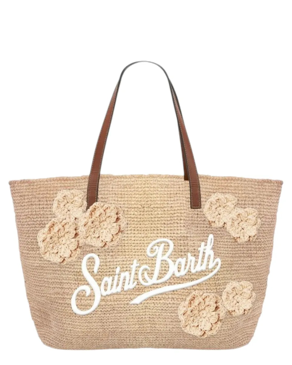 Borsa City midi in rafia con manici in pelle e fiori crochet-Mc2 Saint Barth-Borse a spalla-Vittorio Citro Boutique