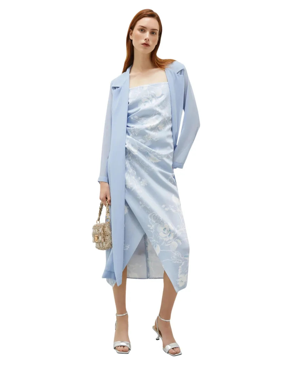 Abito in Satin Stampato Azzurro con Spacco Diagonale-Marella-Abiti-Vittorio Citro Boutique