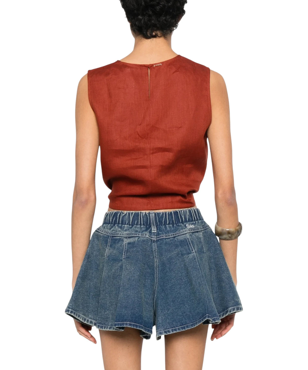 Crop top femme Twinset en lin avec nœud et logo