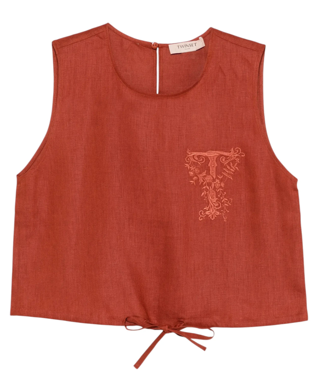 Crop top femme Twinset en lin avec nœud et logo