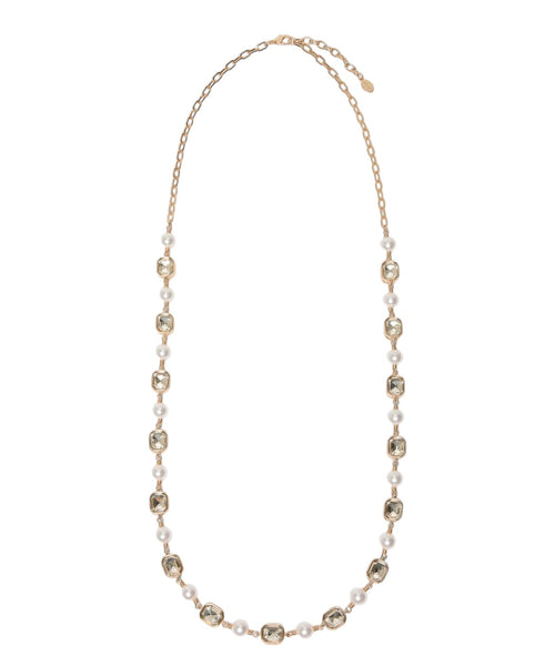 Collana Lunga Dorata con Perle e Cristalli Cabochon