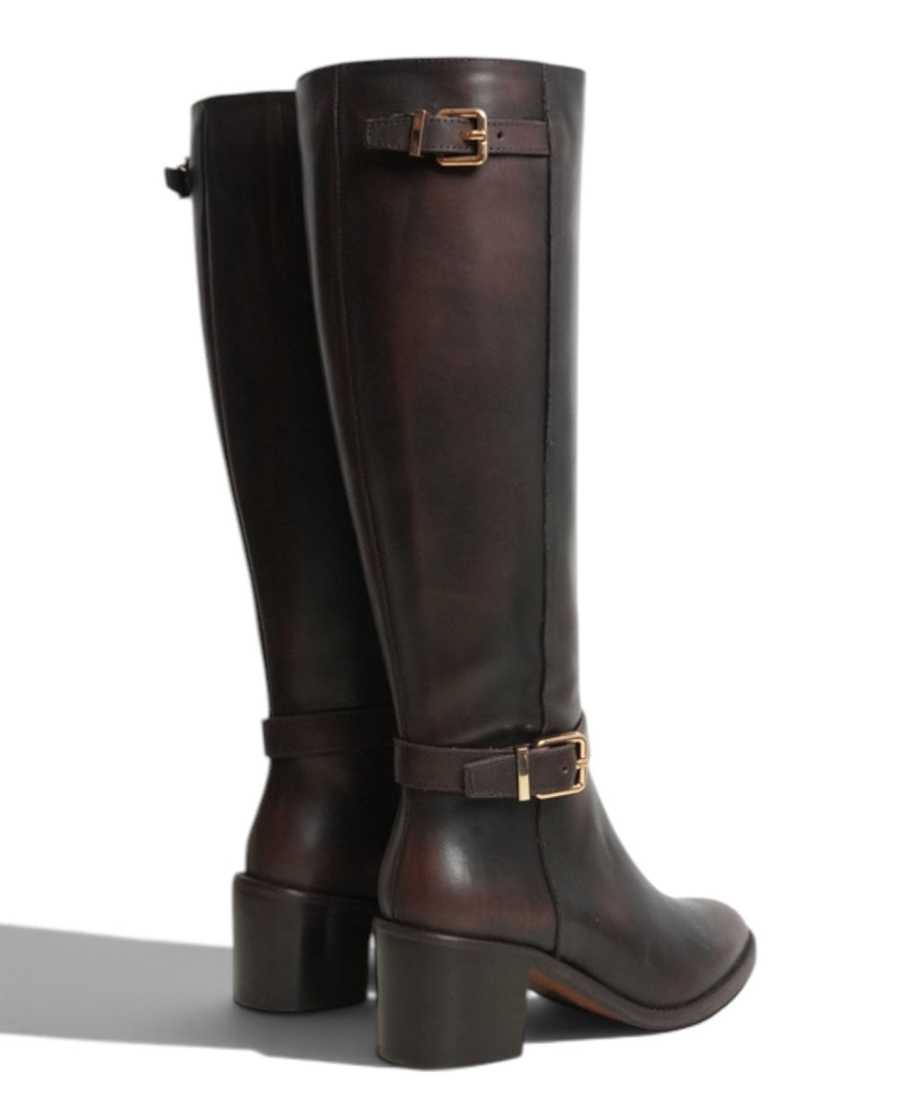 Botte haute femme en cuir avec boucles et talon de 5 cm