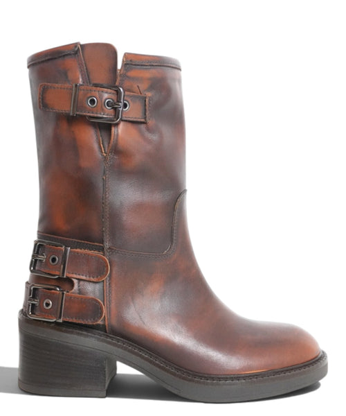 Archyve Stivale Biker Donna in Pelle Effetto Usurato con Fibbie
