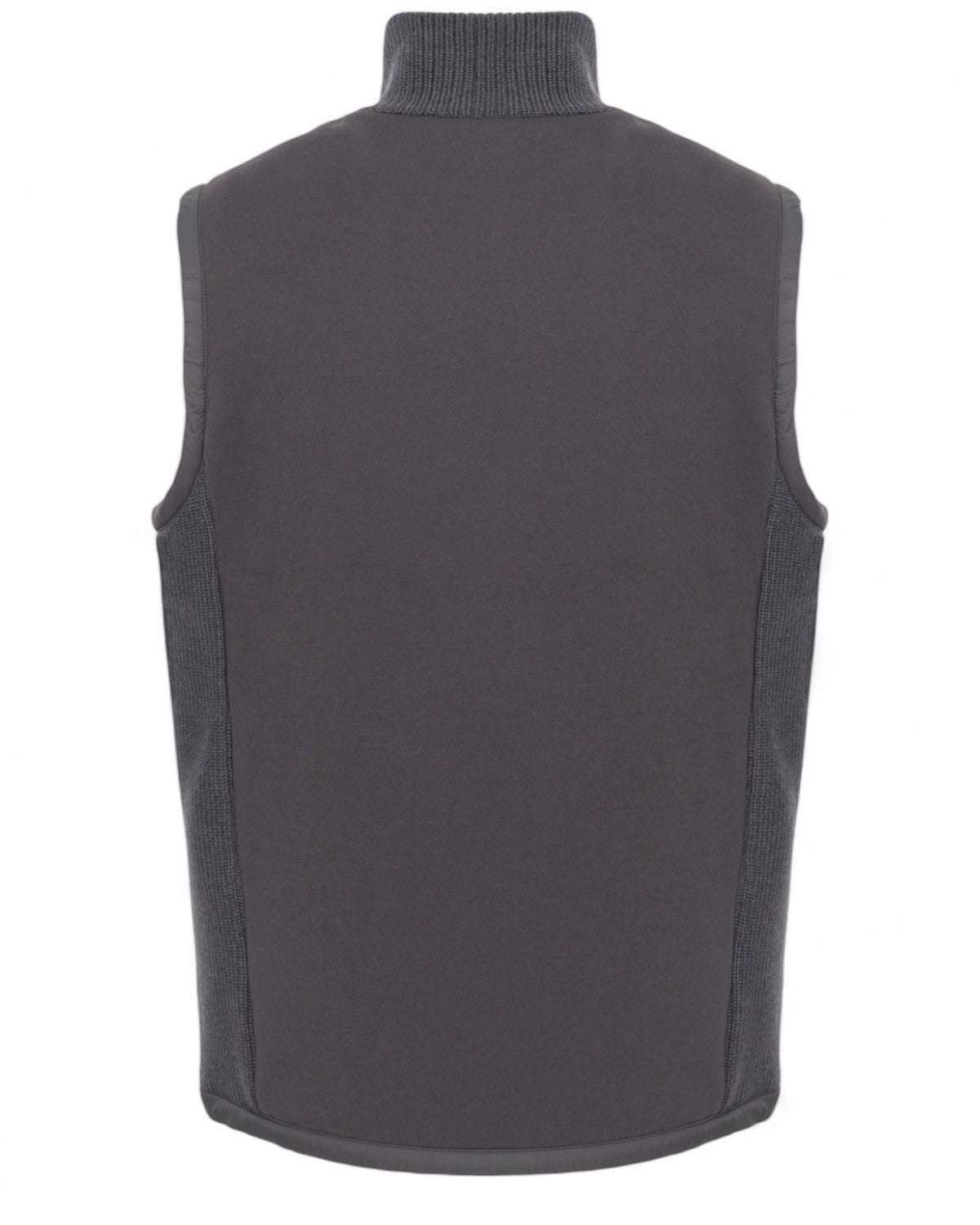 Retro del gilet uomo trapuntato con pannello in felpa grigia e inserti laterali in maglia a costine, design moderno e confortevole.