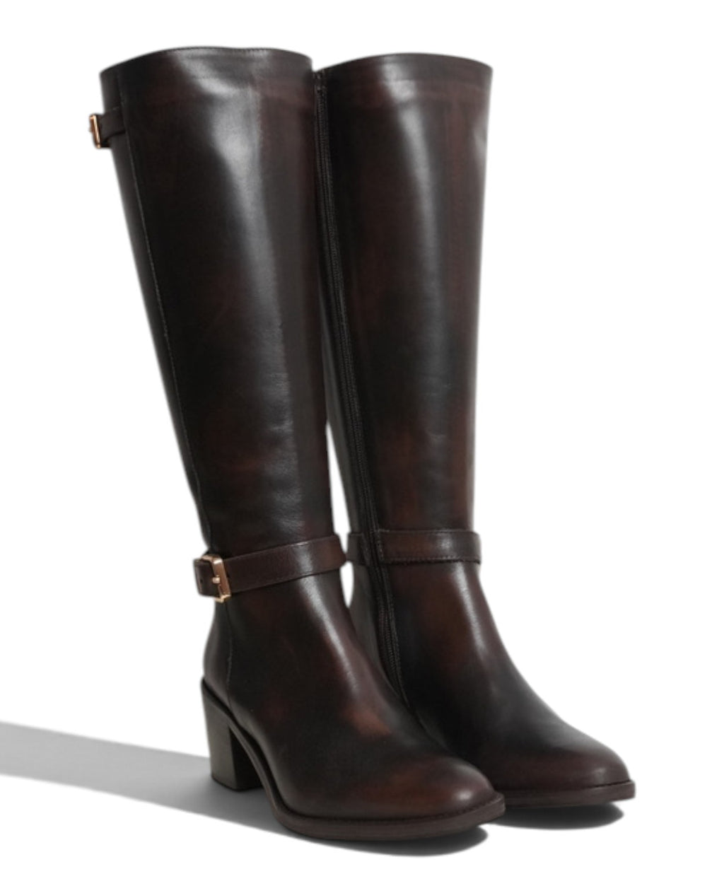 Botte haute femme en cuir avec boucles et talon de 5 cm