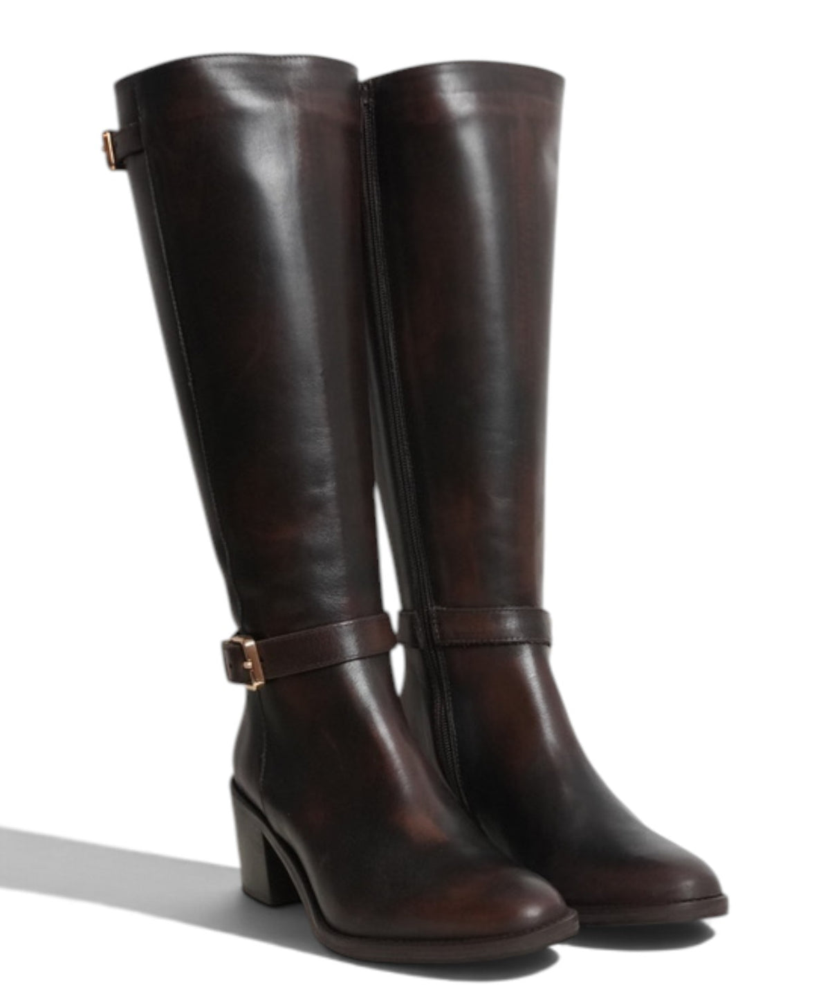 Botte haute femme en cuir avec boucles et talon de 5 cm