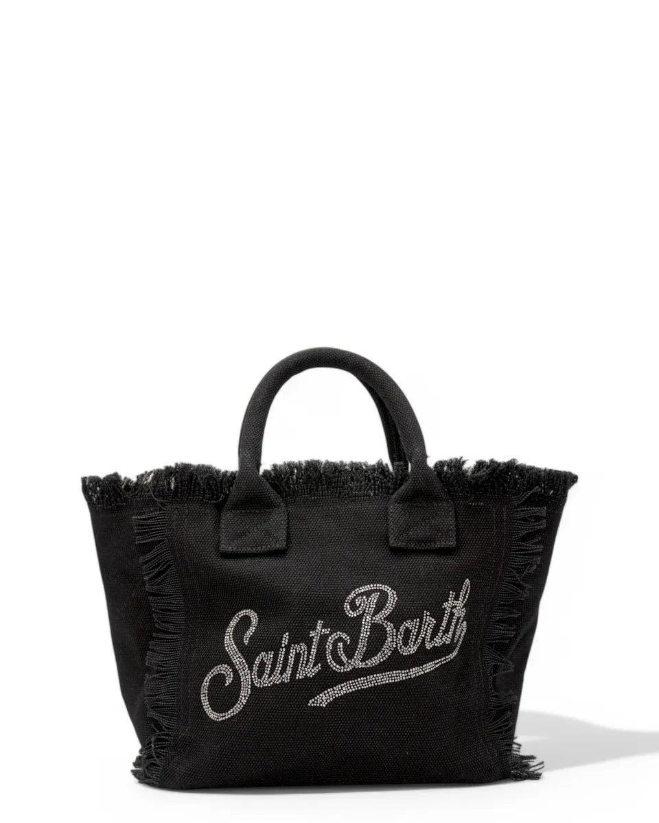 Borsa Colette in Tela di Cotone Nero con Scritta Brillantinata-Mc2 Saint Barth-Borse a mano-Vittorio Citro Boutique