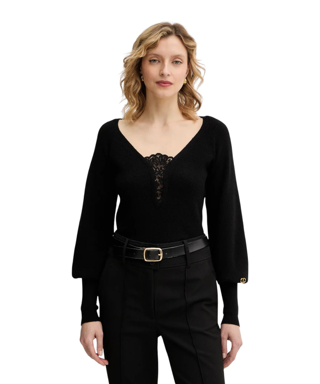 Pull Côtelé Twinset avec Détail en Dentelle