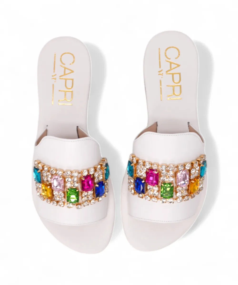 Ciabatta Caprese in Pelle Bianca con Applicazioni Multicolor-Capri Vittorio Citro-Ciabatte-Vittorio Citro Boutique