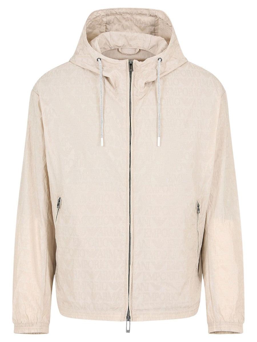 Blouson con cappuccio e zip in nylon light jacquard lettering all over-Emporio Armani-Giacche-Vittorio Citro Boutique