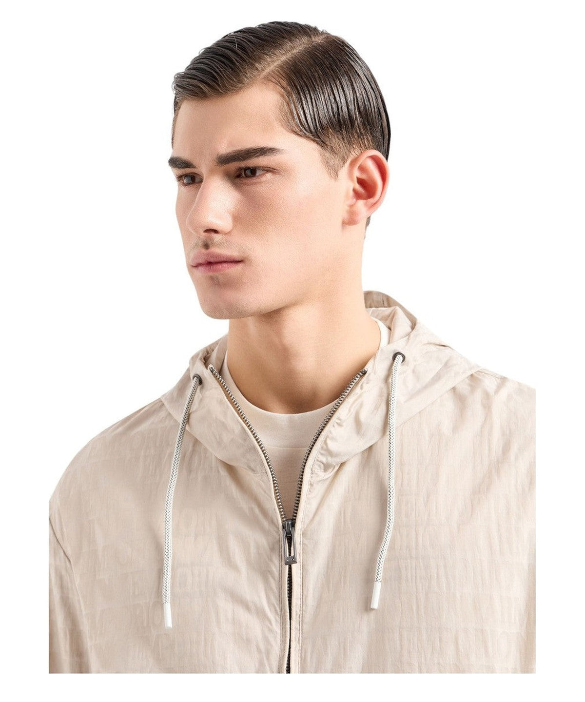 Blouson con cappuccio e zip in nylon light jacquard lettering all over-Emporio Armani-Giacche-Vittorio Citro Boutique