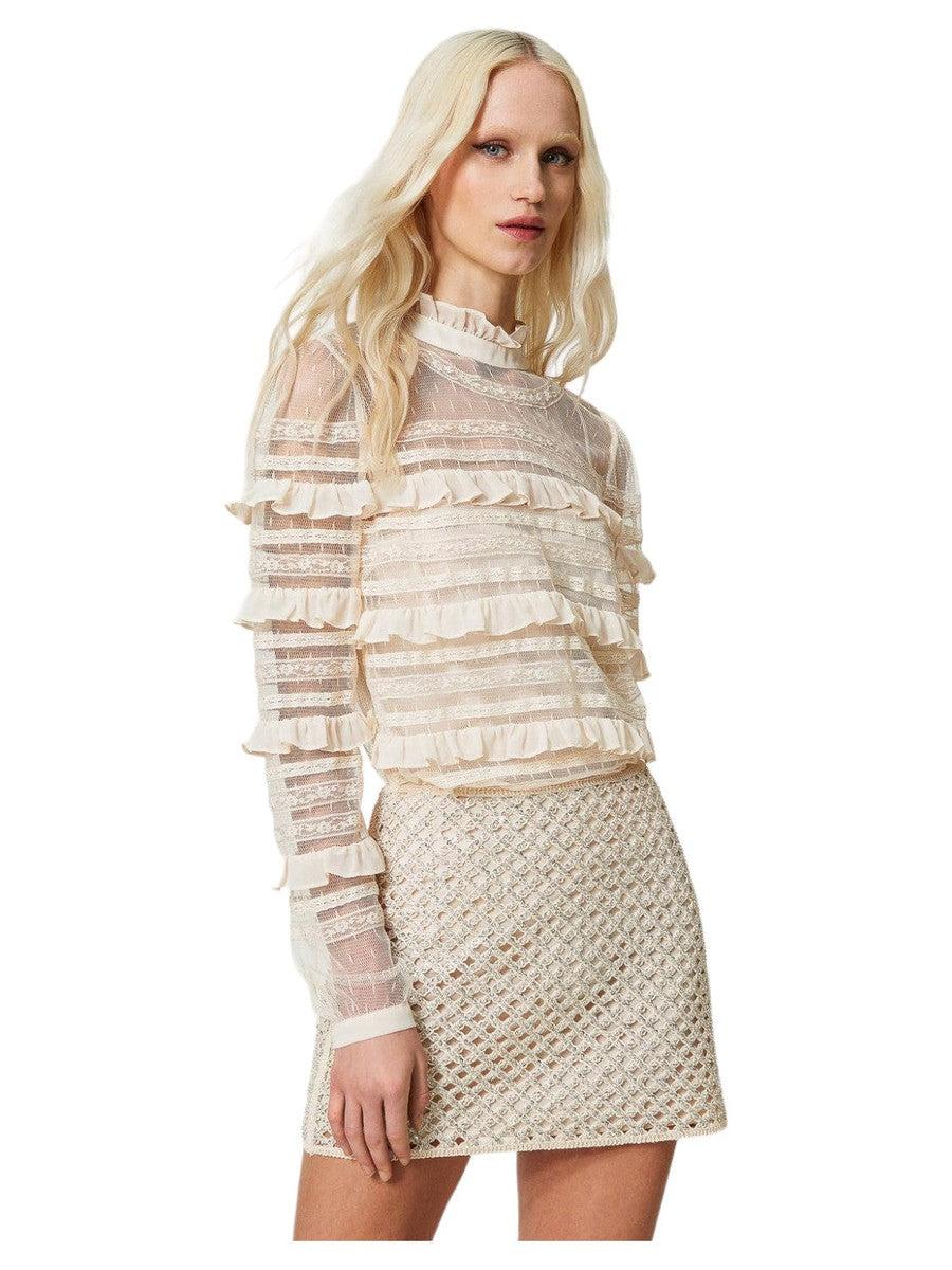 Blusa in tulle plumetis e pizzo-Twinset-Camicie-Vittorio Citro Boutique