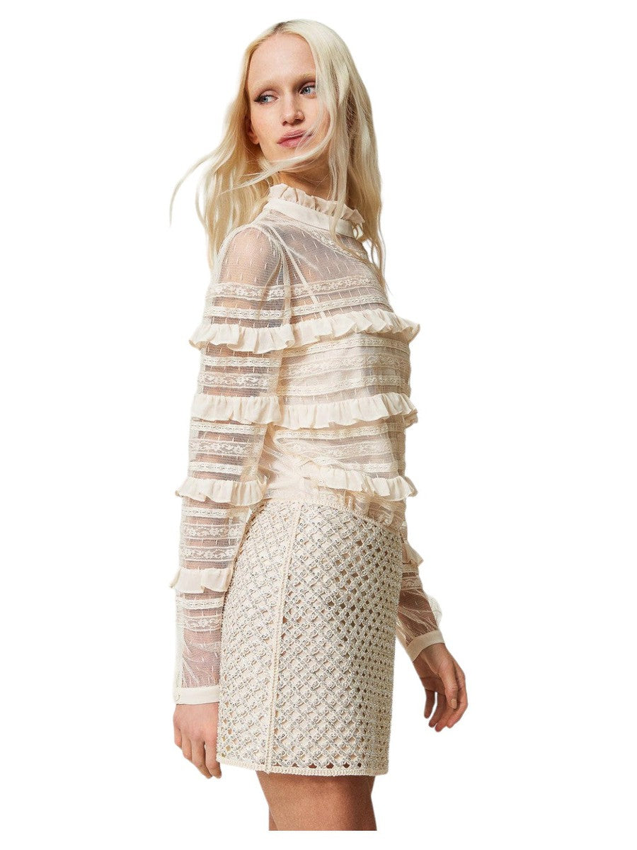 Blusa in tulle plumetis e pizzo-Twinset-Camicie-Vittorio Citro Boutique