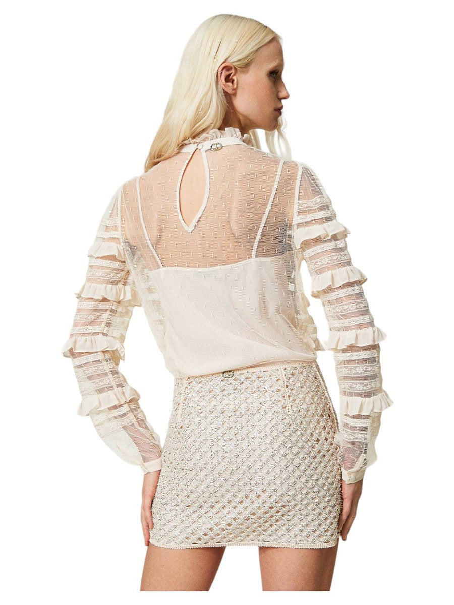 Blusa in tulle plumetis e pizzo-Twinset-Camicie-Vittorio Citro Boutique
