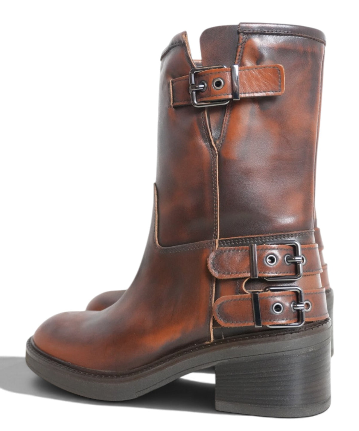 Archyve Bottes biker pour femme en cuir effet usé avec boucles