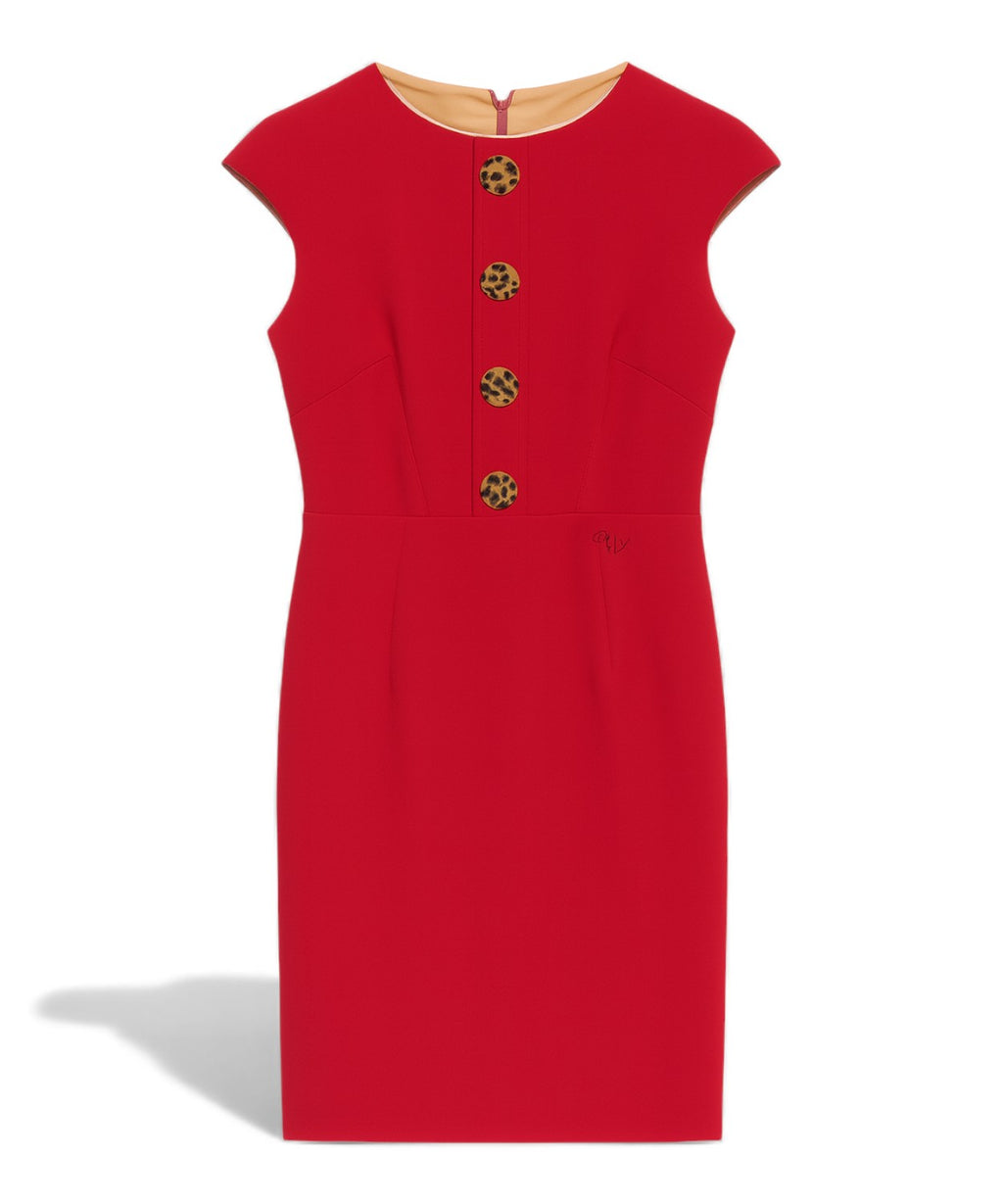 Robe Fourreau Élégante Rouge avec Pinces et Boutons