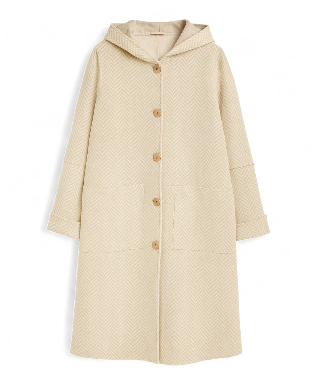 Manteau en Laine Chevron Bleu Blanc avec Capuche