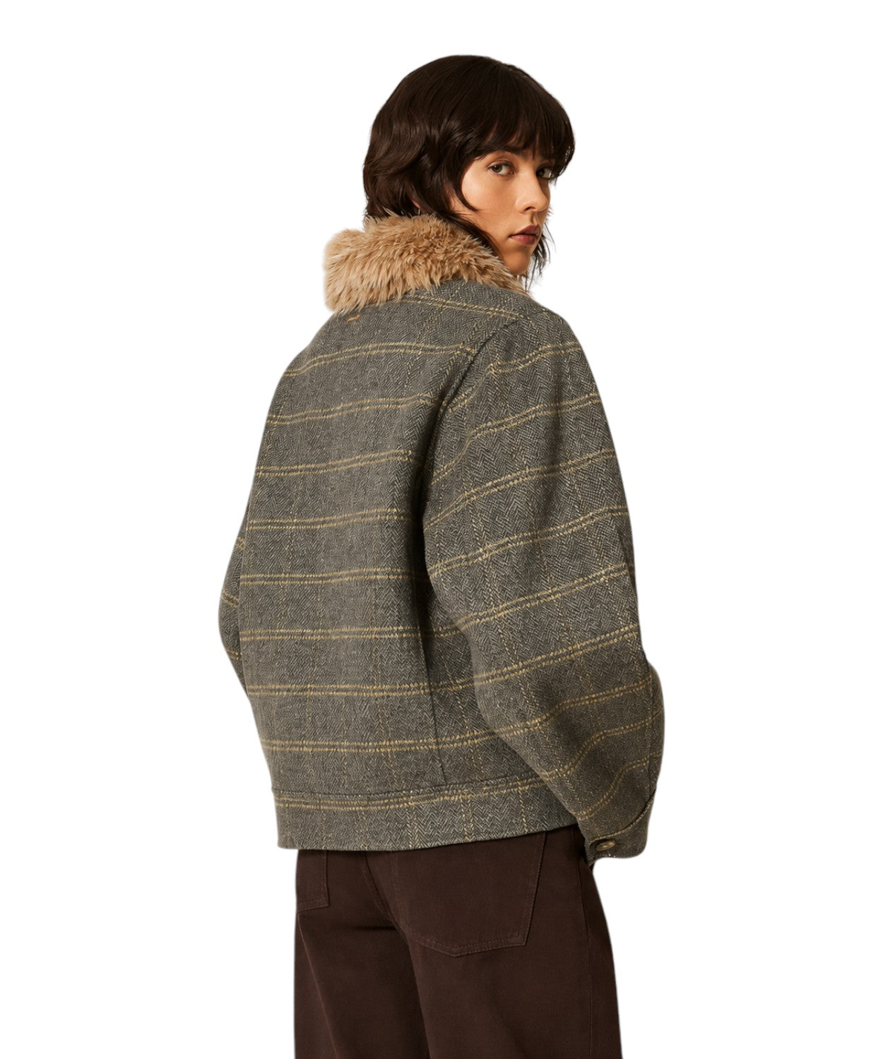 Caban Donna in Lana Check con Collo Faux Fur