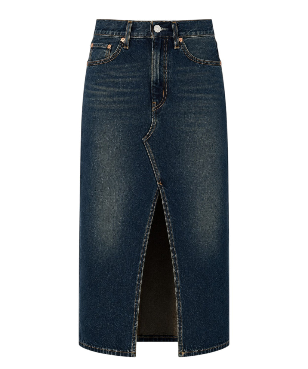 Jupe midi en denim avec fente frontale et design déstructuré