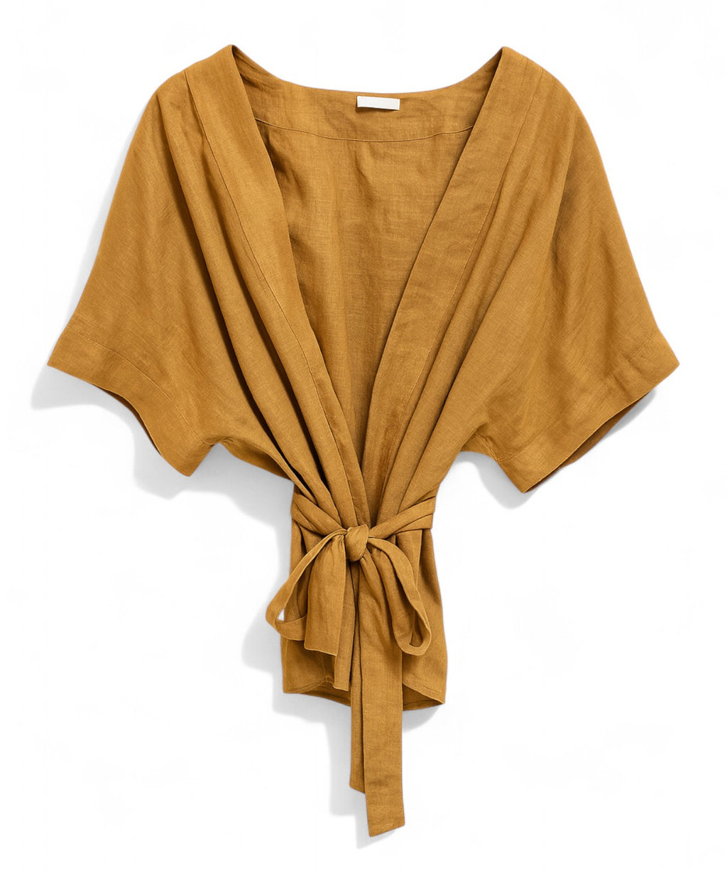Pull kimono en lin avec nœud frontal