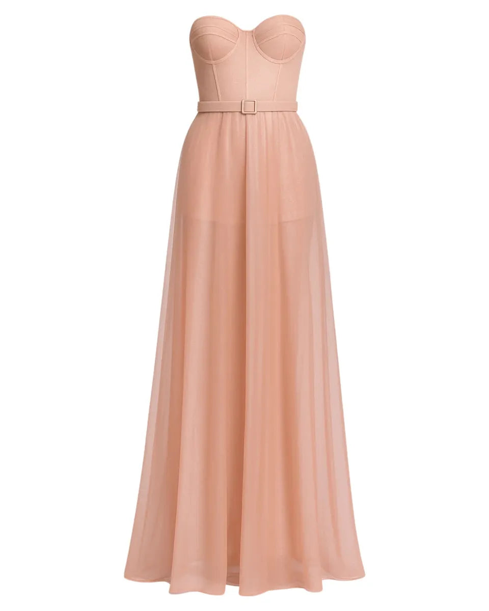 Abito lungo da sera in tulle glitterato color pesca con bustier e cintura-Abiti-Soani-Vittorio Citro Boutique