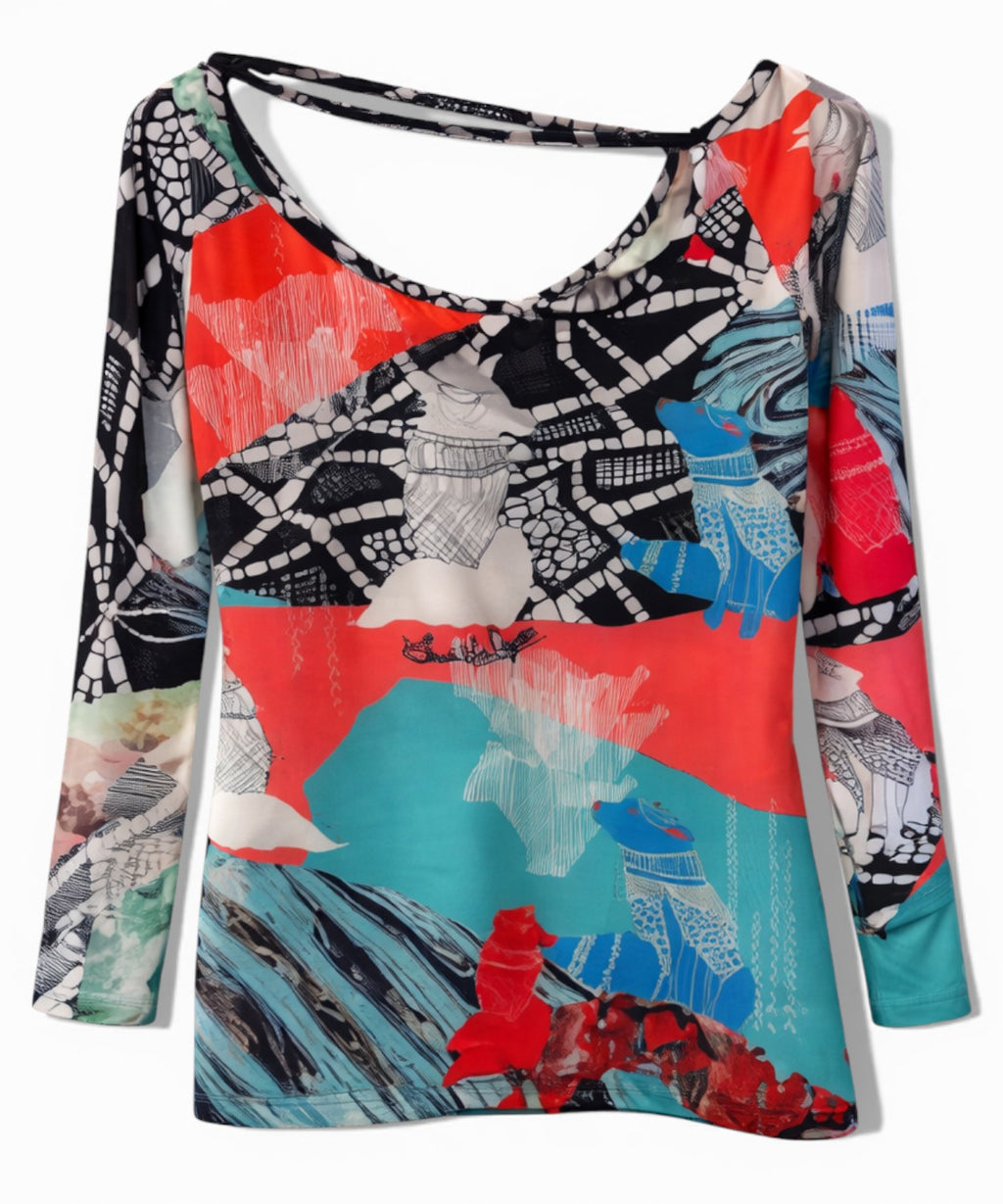 Top femme asymétrique avec décolleté et imprimé
