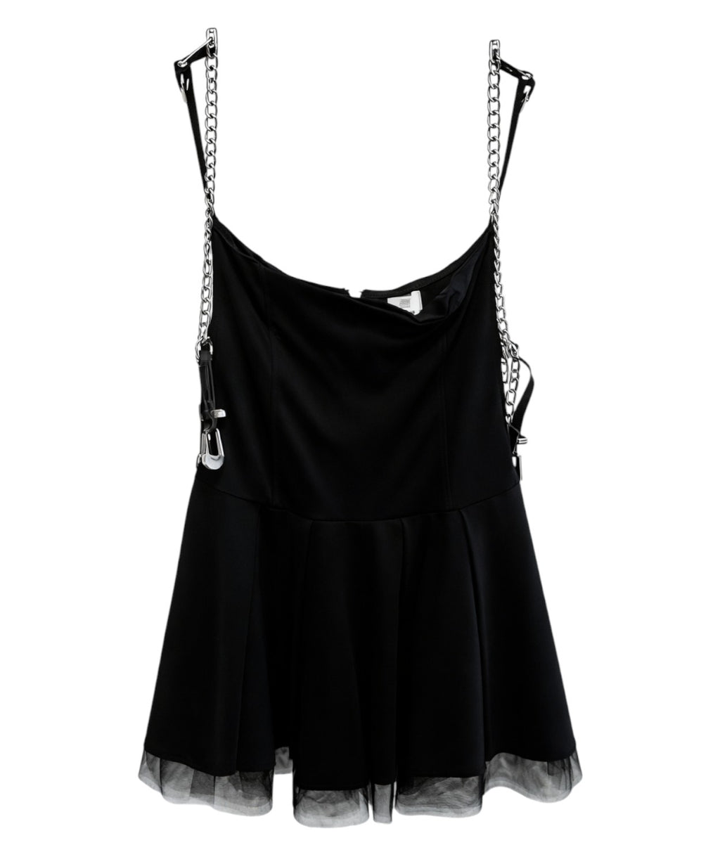Robe Salopette Noire avec Bretelles Chaîne et Volants