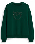 Felpa girocollo verde PINKO con ricamo gioiello Love Birds in perle e cristalli, stile casual chic per la collezione maglieria donna FW26.
