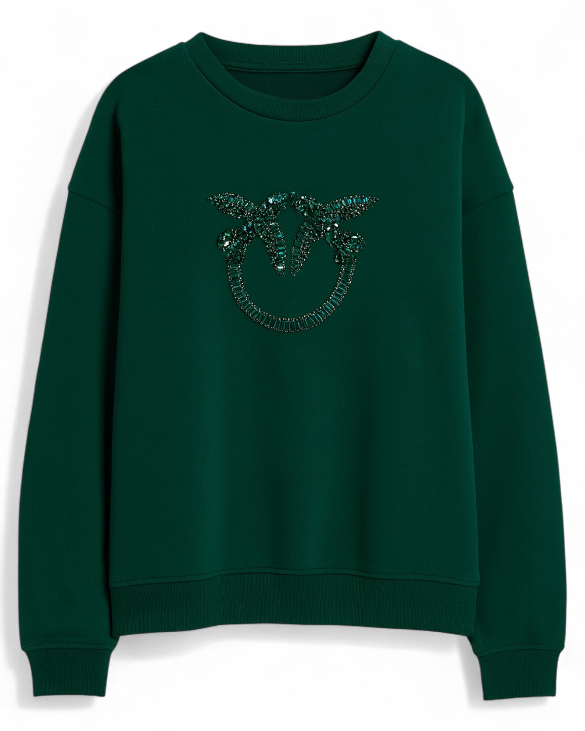 Felpa girocollo verde PINKO con ricamo gioiello Love Birds in perle e cristalli, stile casual chic per la collezione maglieria donna FW26.