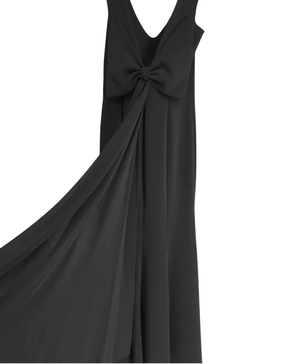 Abito Lungo Elegante Nero con Scollo a V e Fiocco Posteriore-RINASCIMENTO LUXURY-Abiti-Vittorio Citro Boutique