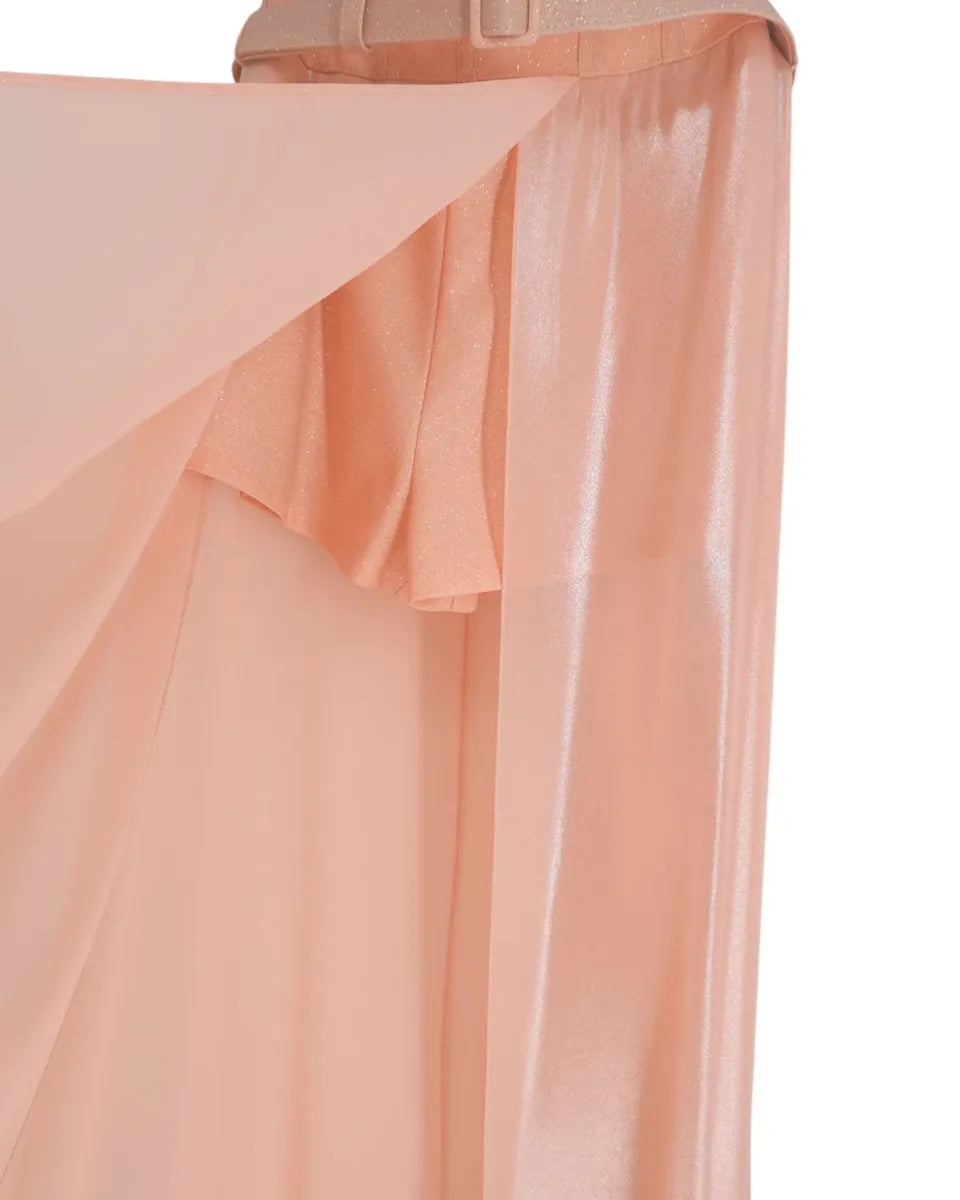 Abito lungo da sera in tulle glitterato color pesca con bustier e cintura-Abiti-Soani-Vittorio Citro Boutique