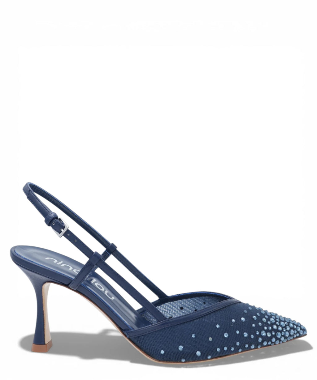 Slingback Amy 757C en Nappa Bleu Marine avec Strass