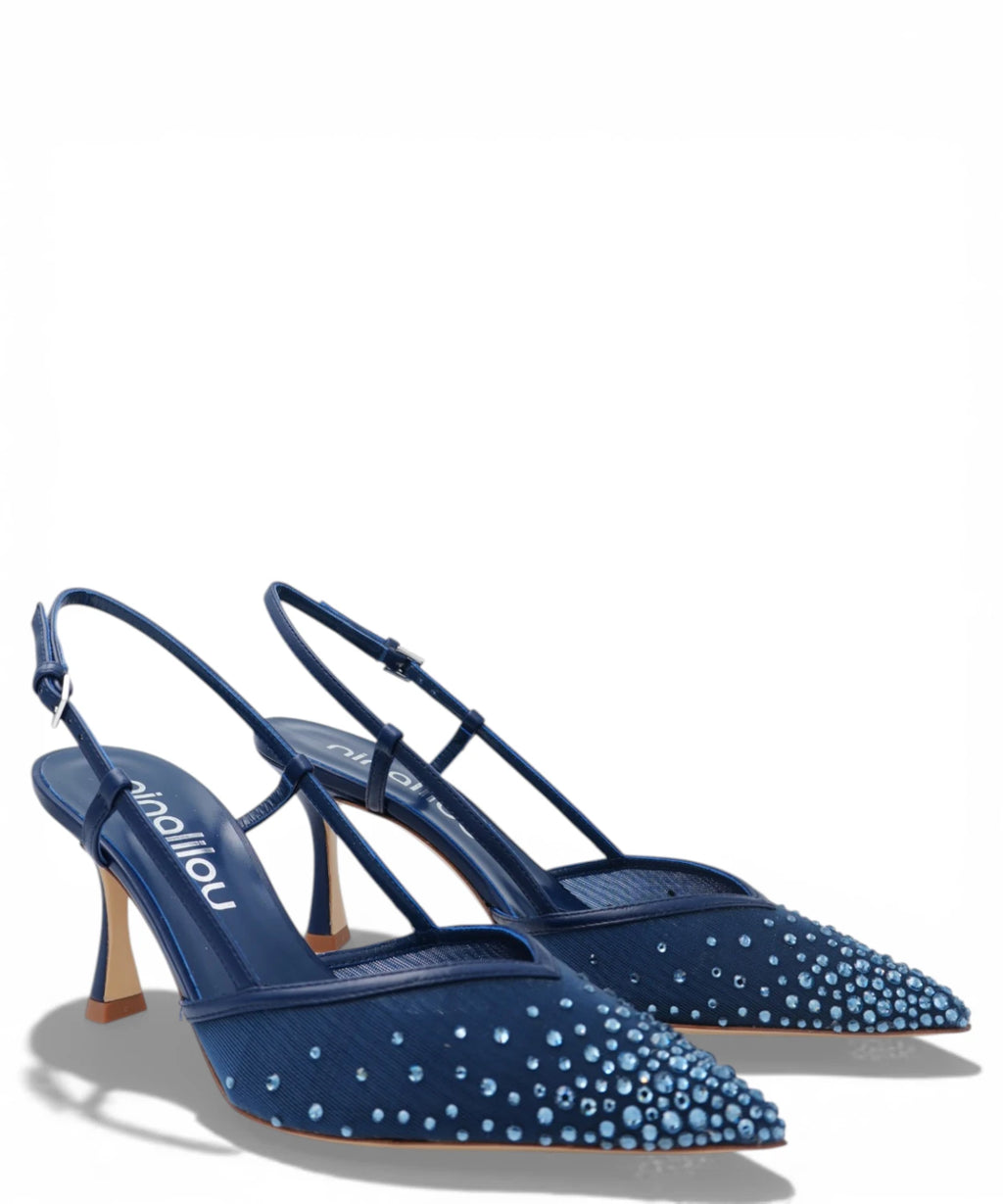 Slingback Amy 757C en Nappa Bleu Marine avec Strass